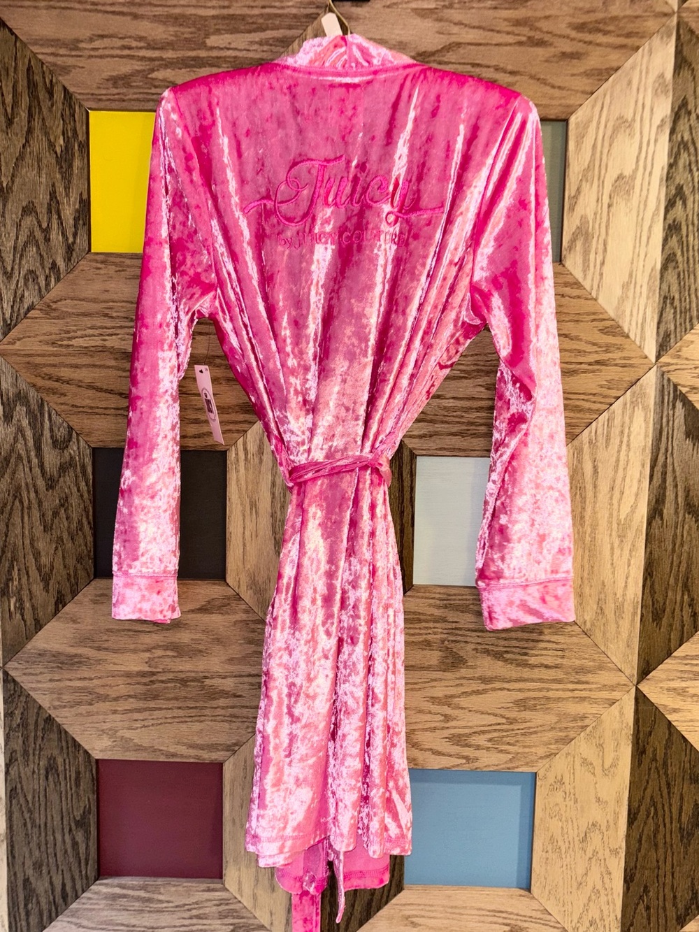 NWT Juicy Couture Short Robe Women’s Pink Logo Crushed Velvet Sleepwear Sz S/M